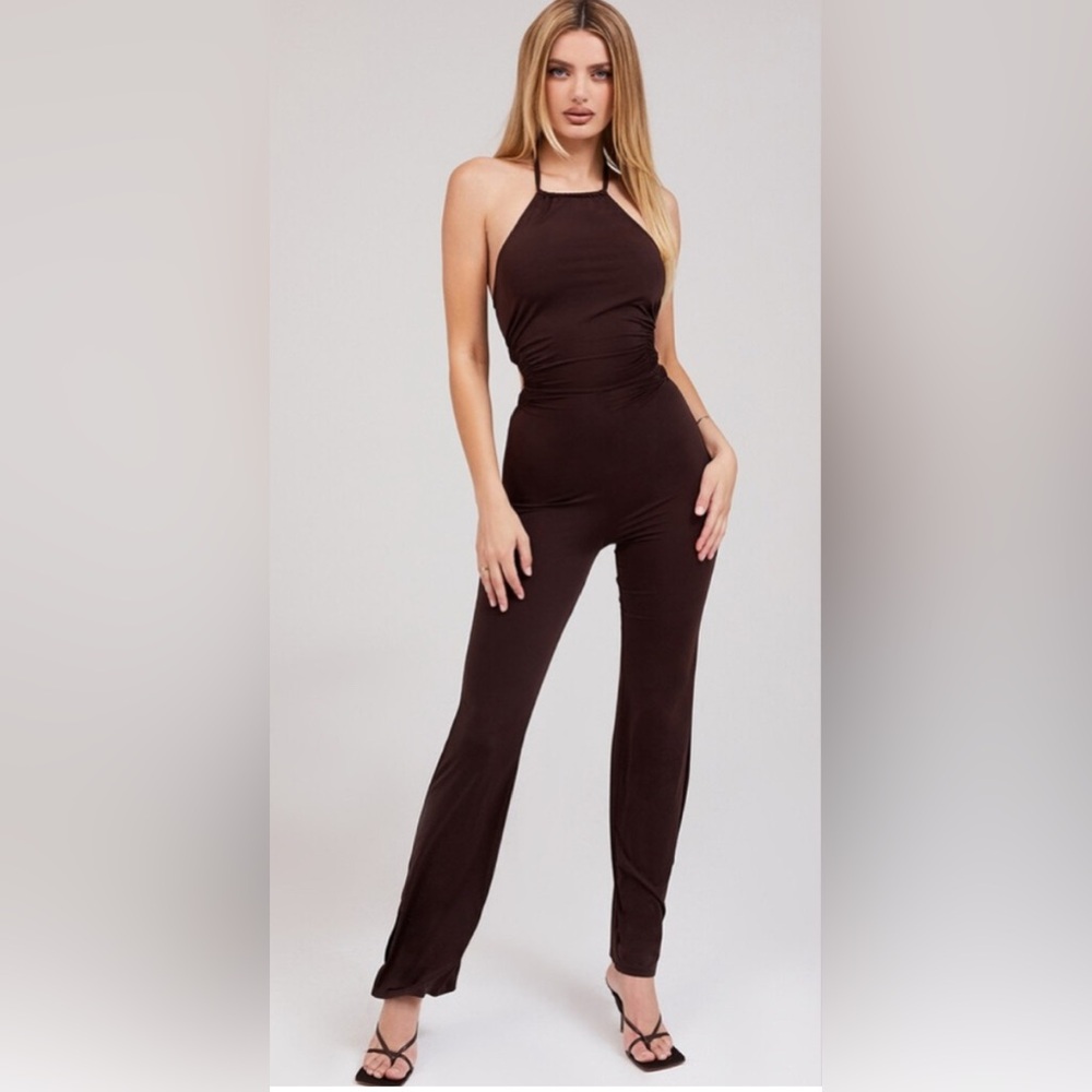 Mistress Rocks Chocolate Brown Halter Cutout Jumpsuit | Size S (Fits S–M)